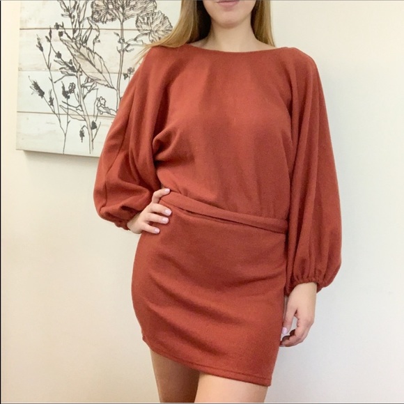 Open Back Tie Long Sleeve Mini Dress Sweater - Picture 3 of 8